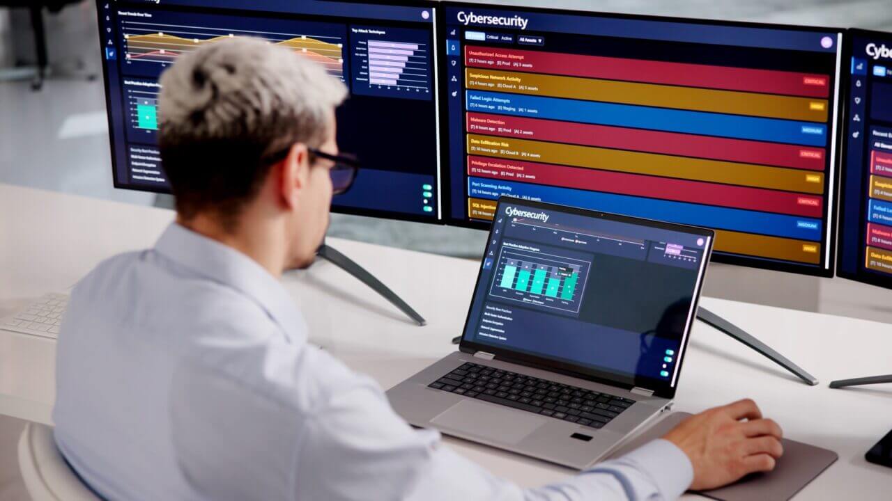 Cybersecurity,Specialist,Monitoring,Network,Data,On,Laptop,To,Ensure,Robust