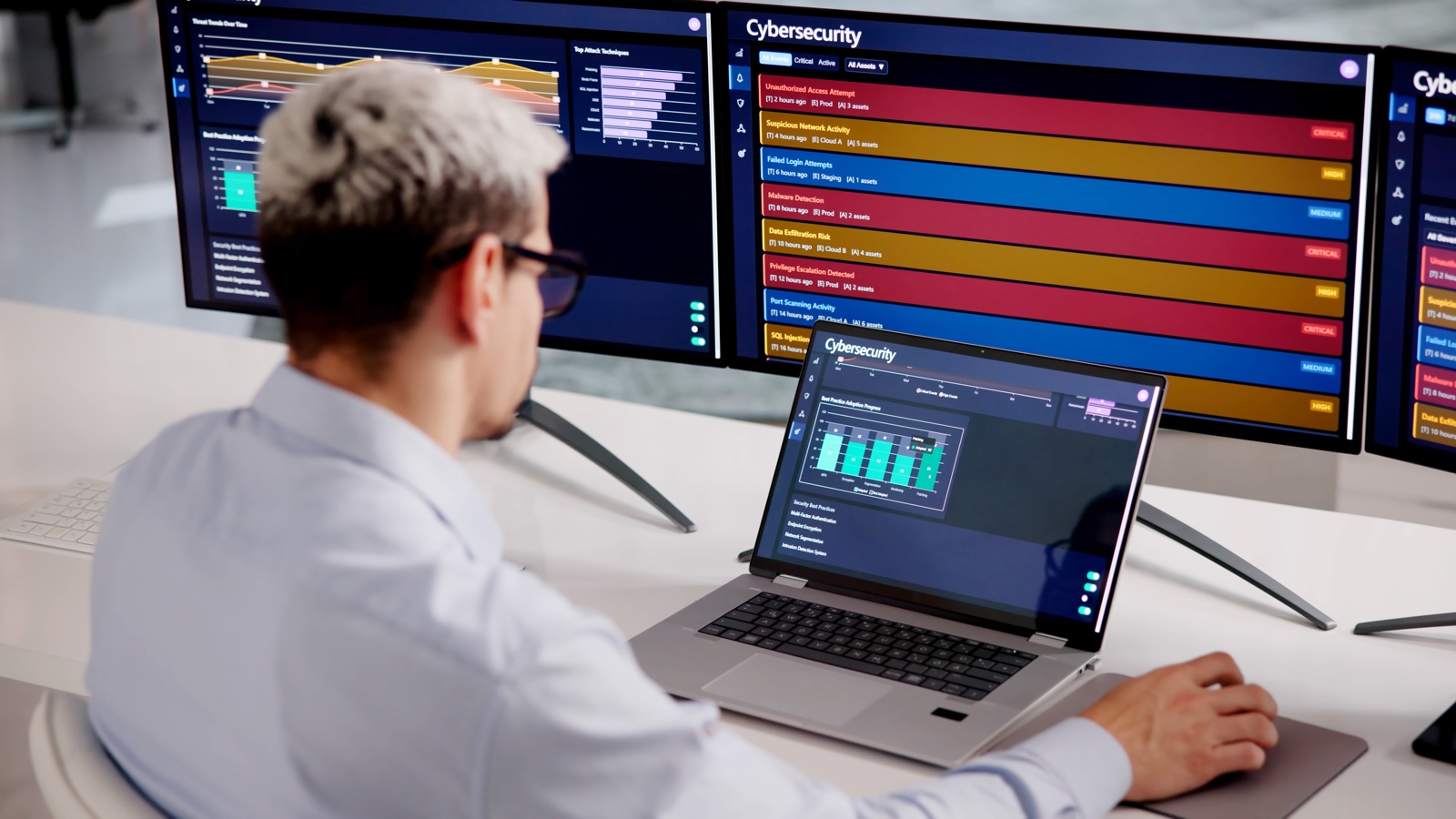 Cybersecurity,Specialist,Monitoring,Network,Data,On,Laptop,To,Ensure,Robust