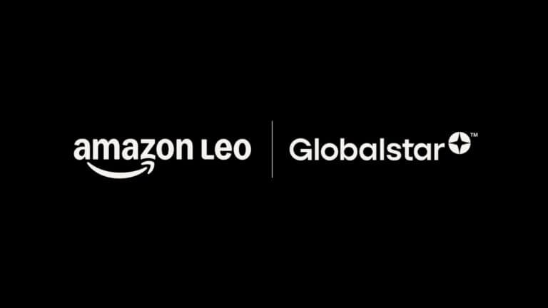 Logotipos combinados de Amazon Leo y Globalstar para nota sobre adquisición de satélites.