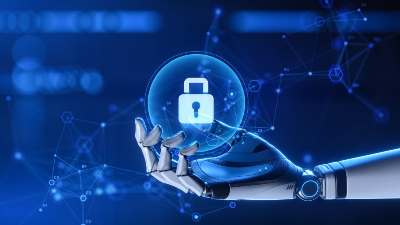 Mano robótica sosteniendo un candado digital azul, representando la seguridad de datos y privacidad en la inteligencia artificial empresarial.