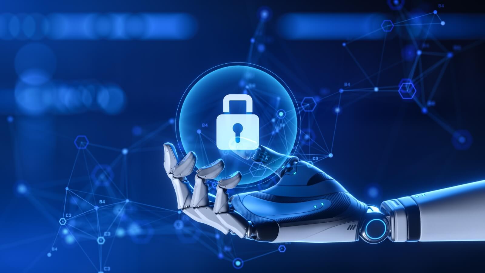 Mano robótica sosteniendo un candado digital azul, representando la seguridad de datos y privacidad en la inteligencia artificial empresarial.