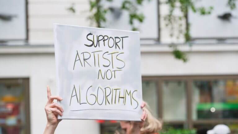 Pancarta de protesta con el texto en inglés "Support Artists Not Algorithms" sostenida en una manifestación pública para defender los derechos de autor frente a la AI.