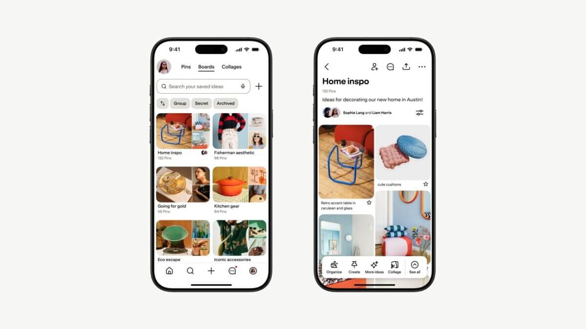 Interfaz de la aplicación móvil de Pinterest mostrando tableros de ideas decorativas, ilustrando el acuerdo Pinterest AWS AI para mejorar el descubrimiento visual.