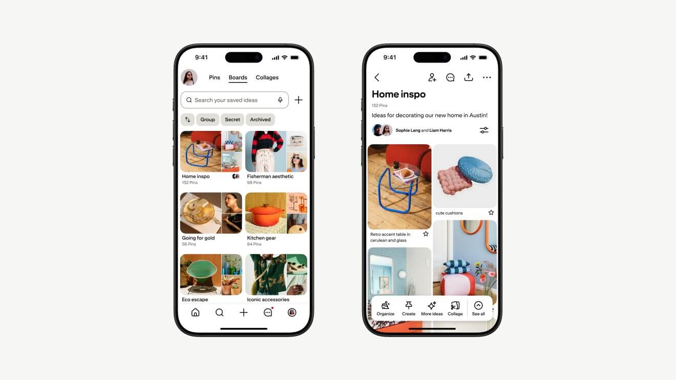 Interfaz de la aplicación móvil de Pinterest mostrando tableros de ideas decorativas, ilustrando el acuerdo Pinterest AWS AI para mejorar el descubrimiento visual.