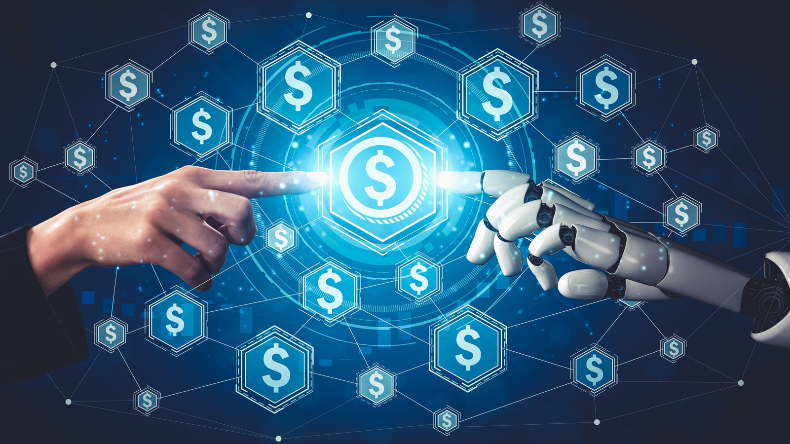 Una mano humana y una mano robótica de espaldas apuntando hacia una red digital con iconos hexagonales azules del signo de dólar, representando el control del presupuesto en agentes de inteligencia artificial.