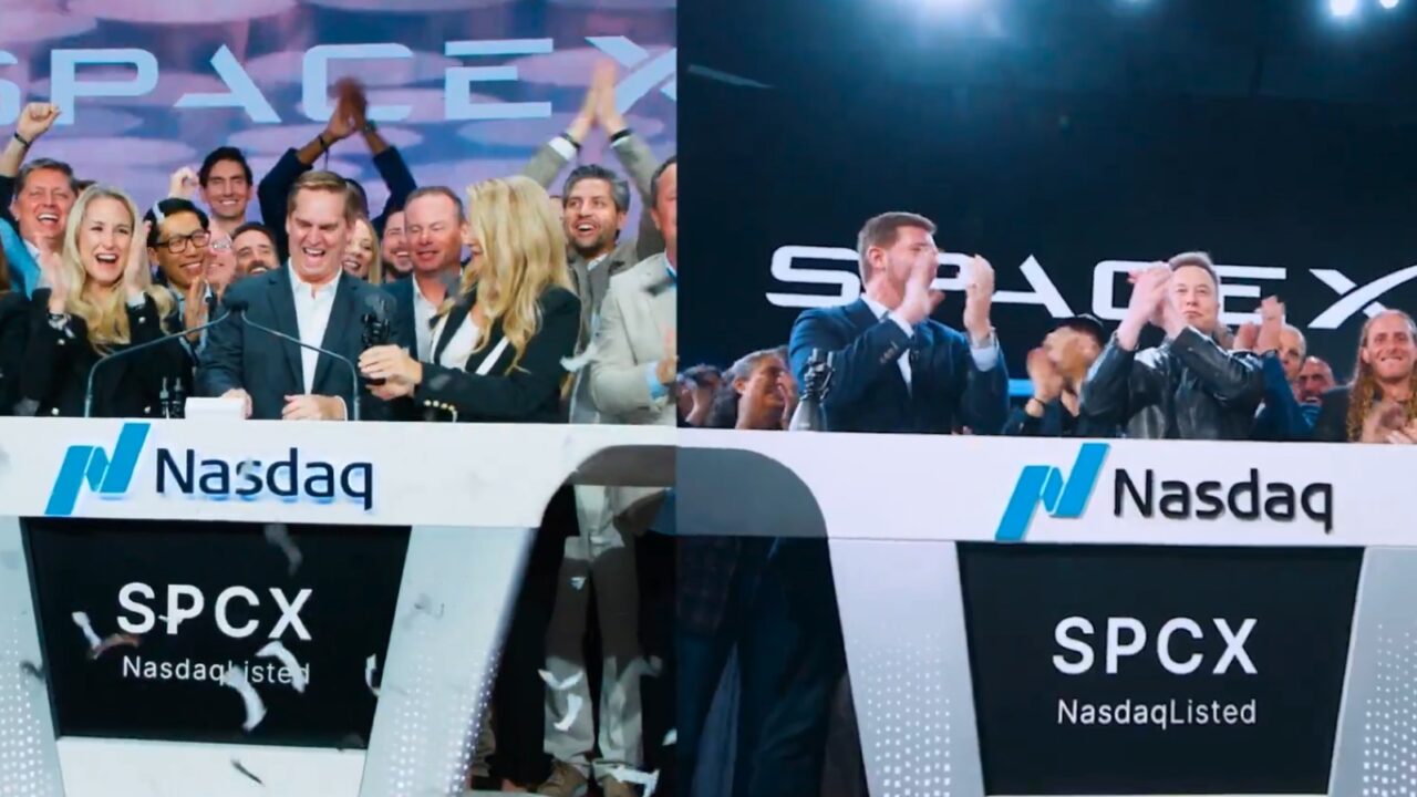 Gwynne Shotwell y Elon Musk celebran el debut y la IPO de SpaceX en pantallas divididas del Nasdaq.