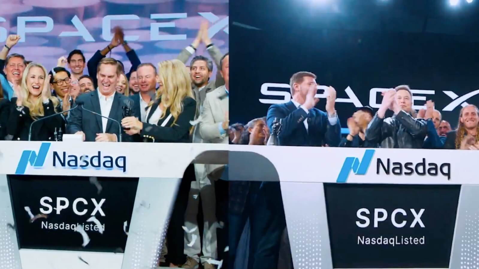Gwynne Shotwell y Elon Musk celebran el debut y la IPO de SpaceX en pantallas divididas del Nasdaq.