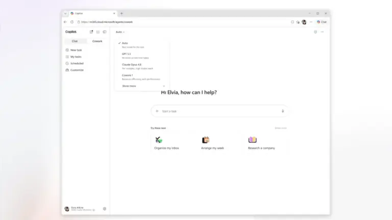 Interfaz de Microsoft Copilot Cowork que muestra la selección de modelos de AI para gestionar costos de IT corporativos.