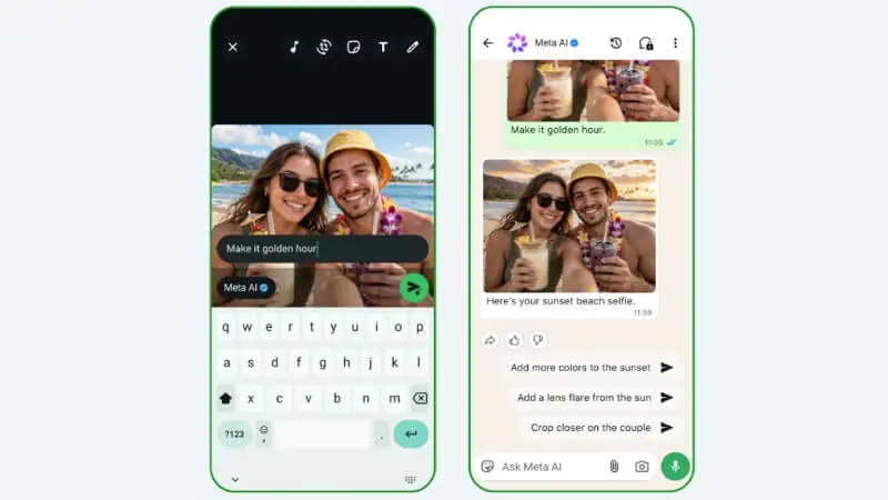 Interfaz de Meta AI en WhatsApp mostrando la edición de fotos y generación de imágenes con Meta Muse Image.