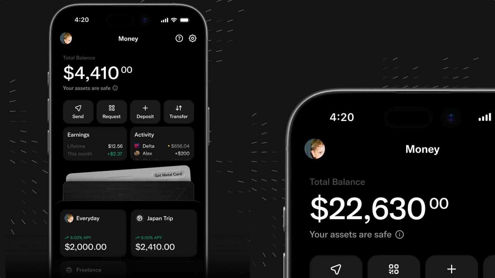 Interfaz de la X Money Account Visa en la app de X, mostrando saldo, billetera digital y pagos P2P.