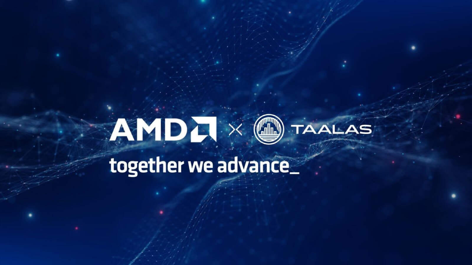 Logos de AMD y Taalas con el lema together we advance sobre fondo azul digital tras la adquisición de Taalas por AMD.