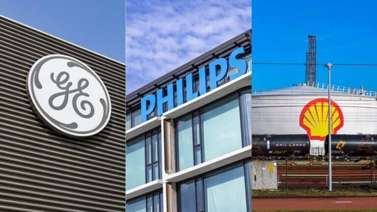 Logotipos de GE, Philips y Shell, empresas afectadas por el ataque del grupo de ransomware Clop.