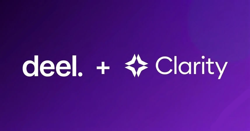 Logotipos de Deel y Clarity sobre fondo morado tras anunciar que Deel adquiere Clarity.