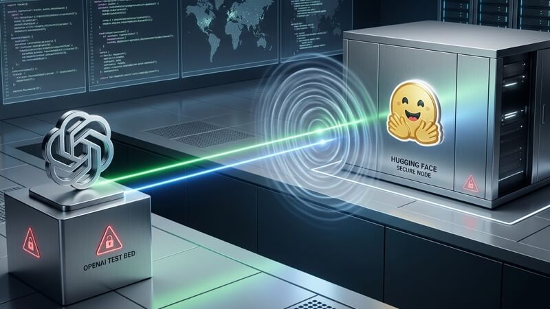 Modelado 3D de servidores de OpenAI y Hugging Face conectados por una brecha digital durante un incidente de ciberseguridad.