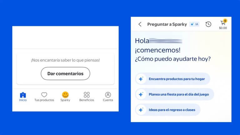 Captura de pantalla de la app de Walmart mostrando la interfaz conversacional de Sparky IA y sus opciones de compra.