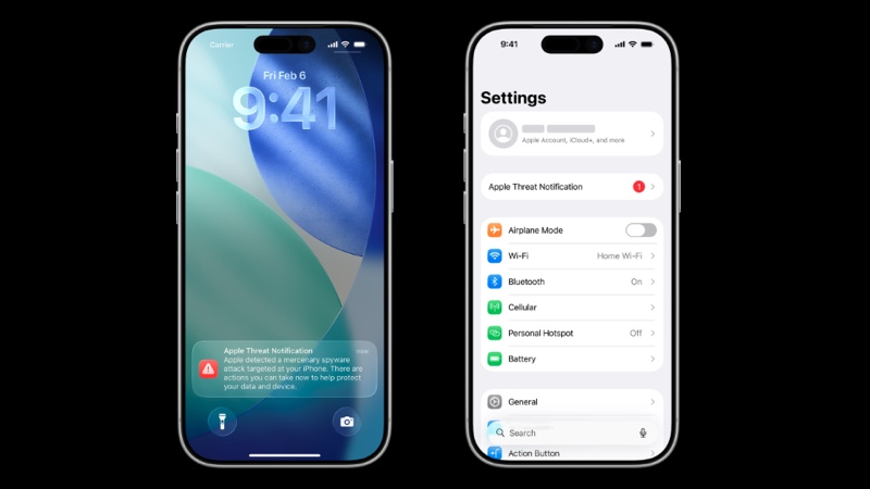 Pantallas de iPhone mostrando notificaciones de amenaza de Apple sobre ataques de spyware mercenario.