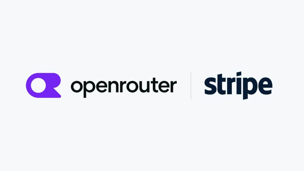 Logos de OpenRouter y Stripe unidos por una barra vertical, ilustrando la adquisición y colaboración de AI.