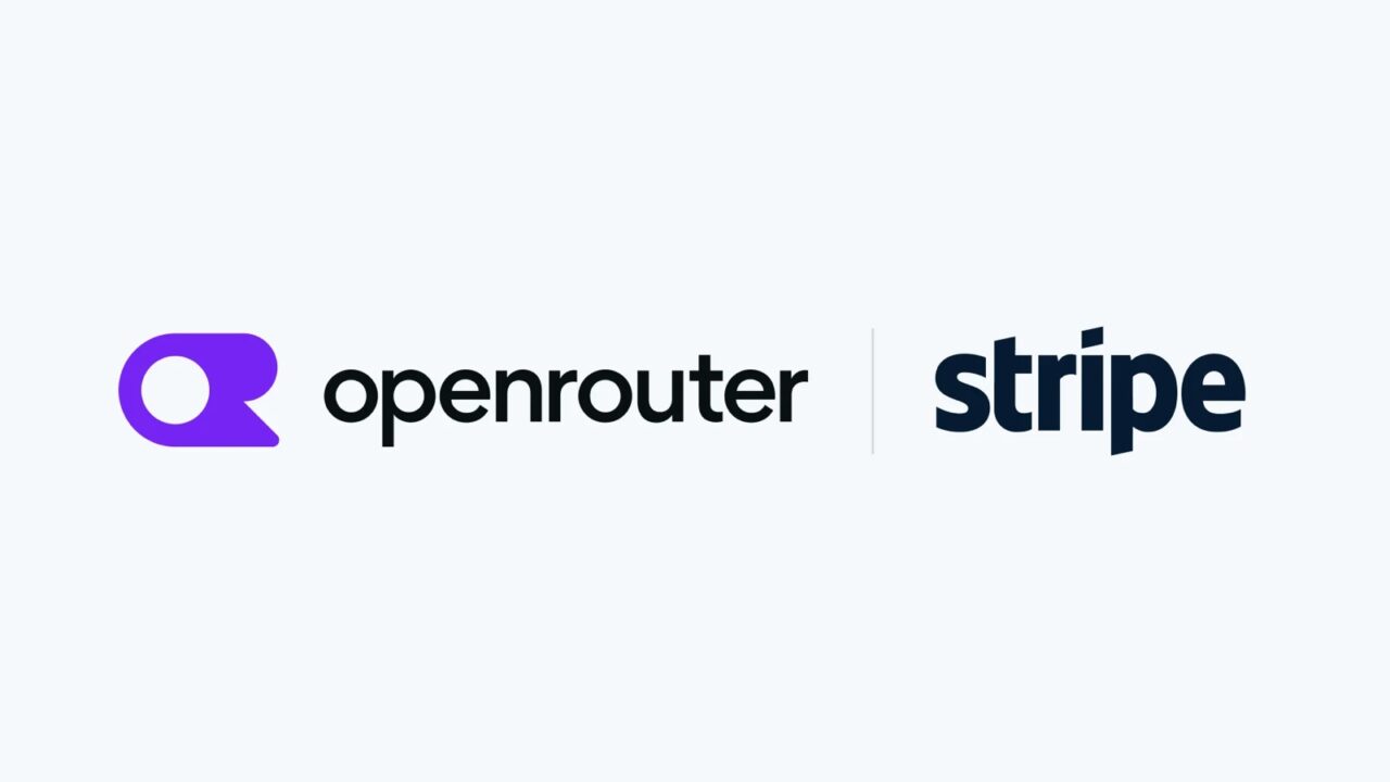 Logos de OpenRouter y Stripe unidos por una barra vertical, ilustrando la adquisición y colaboración de AI.