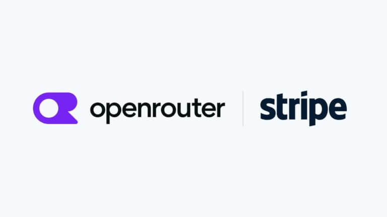 Logos de OpenRouter y Stripe unidos por una barra vertical, ilustrando la adquisición y colaboración de AI.
