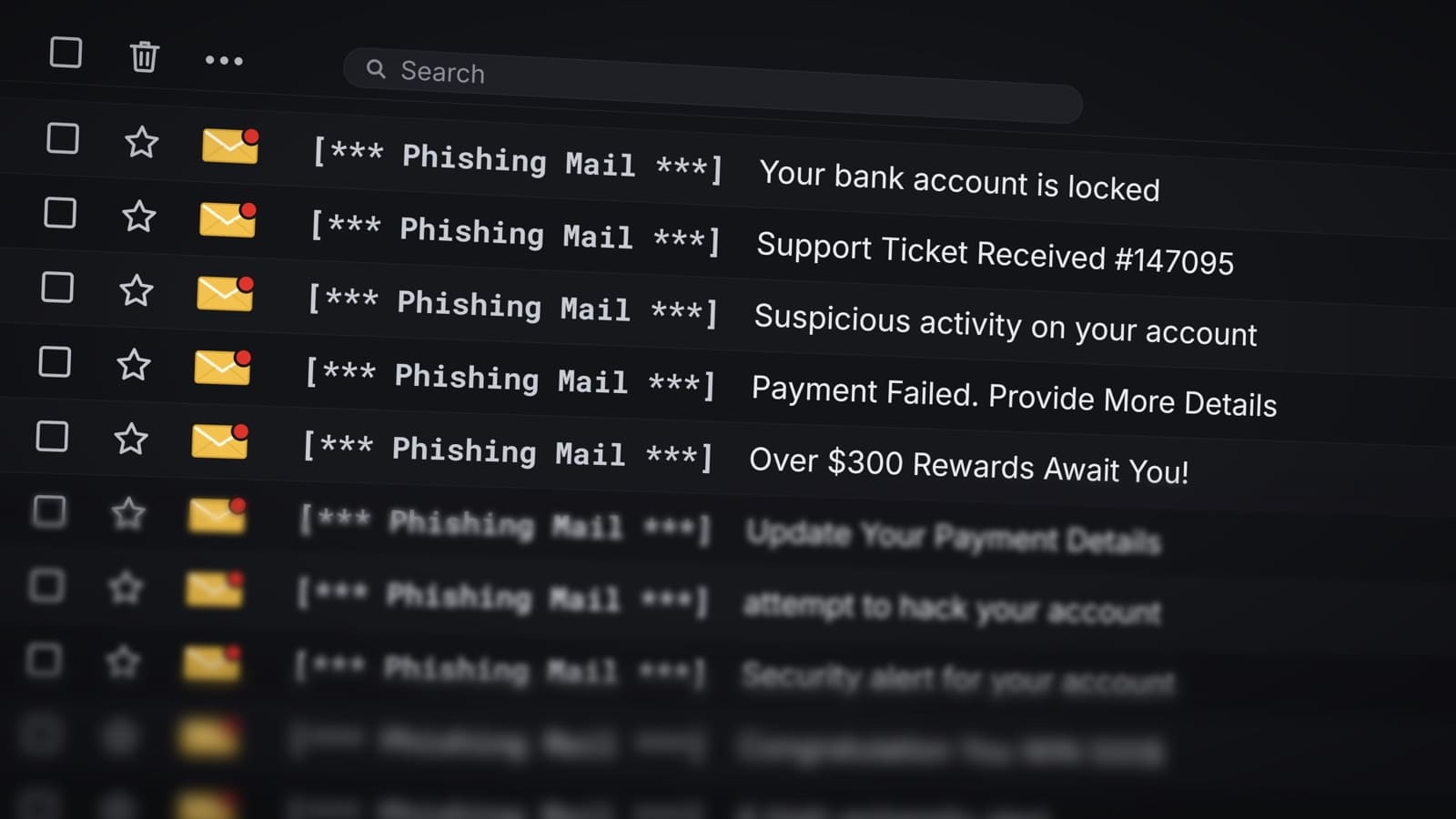 Bandeja de entrada con correos de phishing que suplantan a DMARC bancos México.