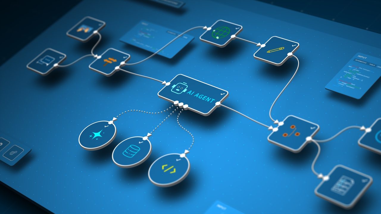 Diagrama de flujo de trabajo digital donde un agente de AI ejecuta procesos en el modelo Service-as-Software.