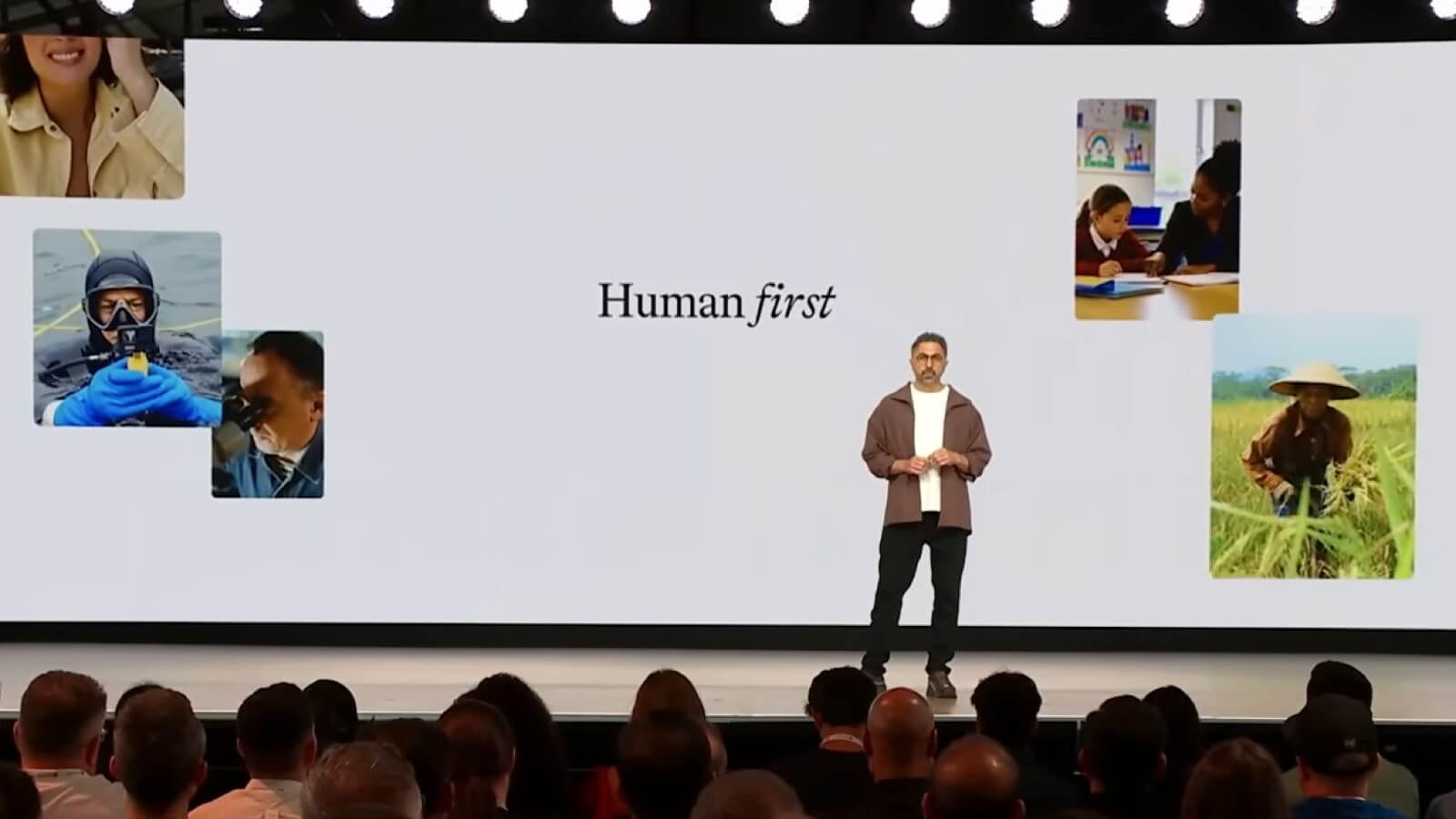 Mustafa Suleyman en Microsoft Build con la frase Human First sobre gobernanza en Microsoft AI.