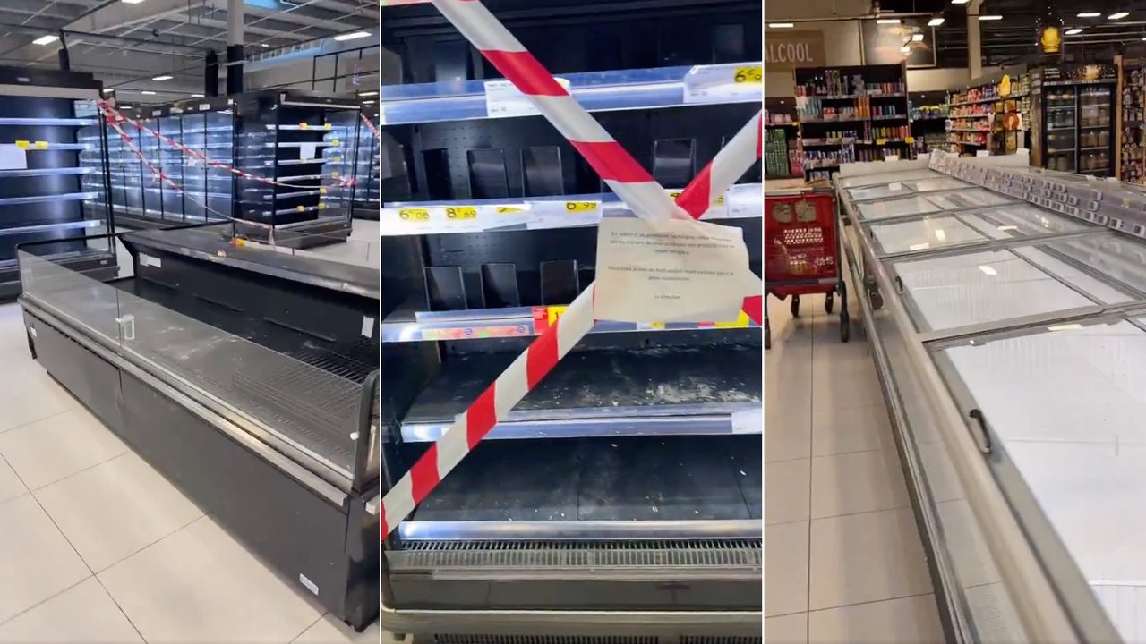 Estantes y vitrinas vacías en un supermercado tras el ciberataque a Danfoss que afectó los sistemas de refrigeración.