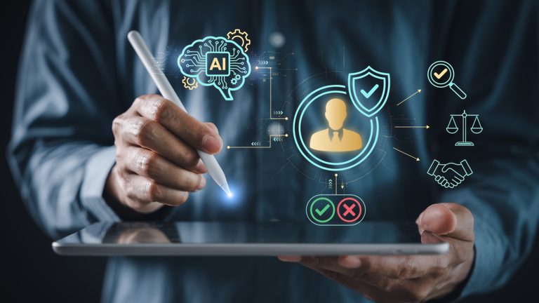 Ejecutivo usando tablet con gráficos de confianza y explicabilidad en inteligencia artificial para evaluar modelos de AI.