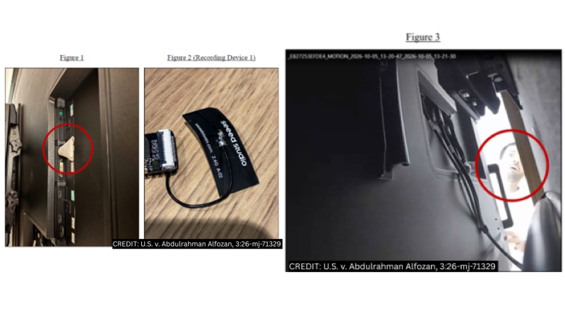 Pruebas de espionaje corporativo en OpenAI que muestran un dispositivo oculto en una televisión y cámaras de seguridad.
