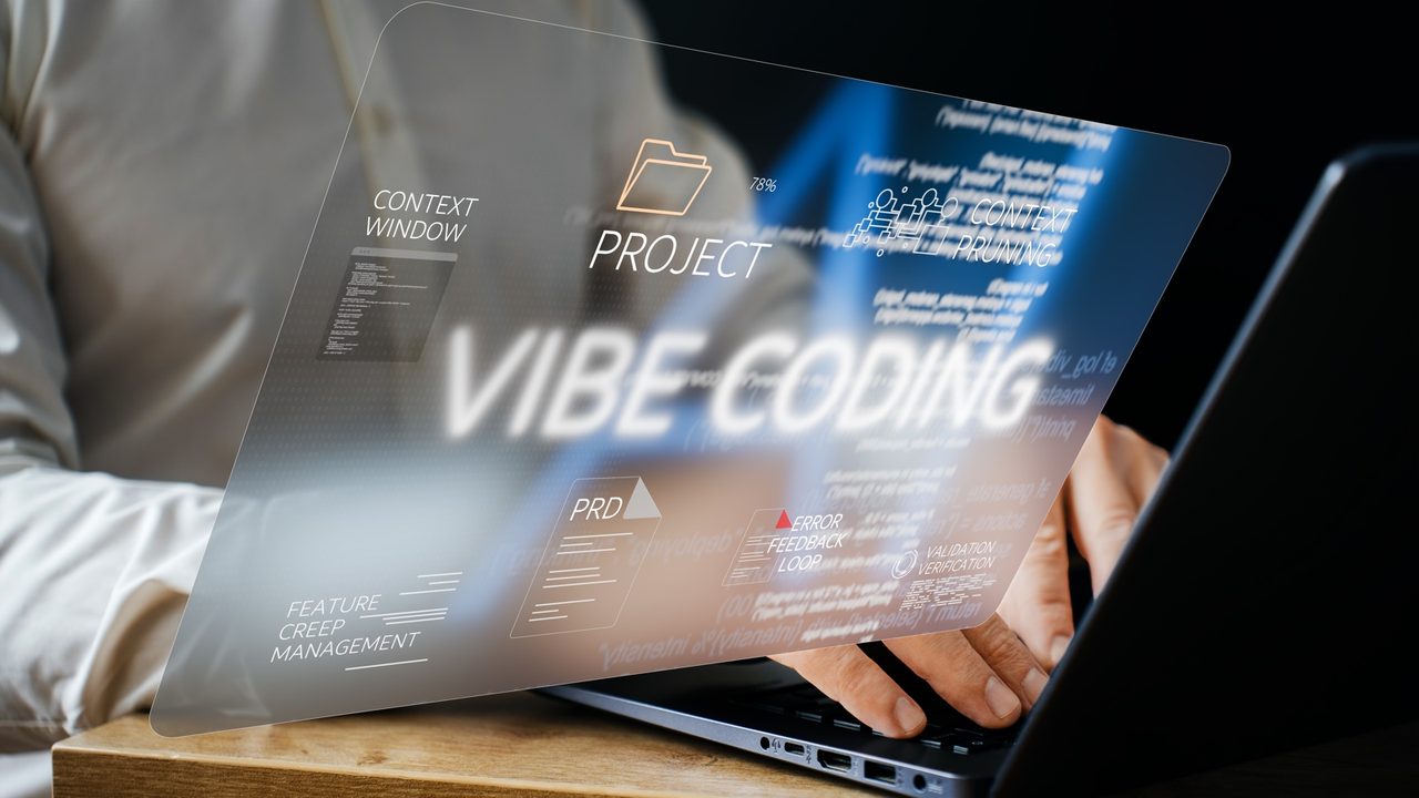 Desarrollador trabajando con pantalla transparente e interfaz de vibe coding empresarial AWS.