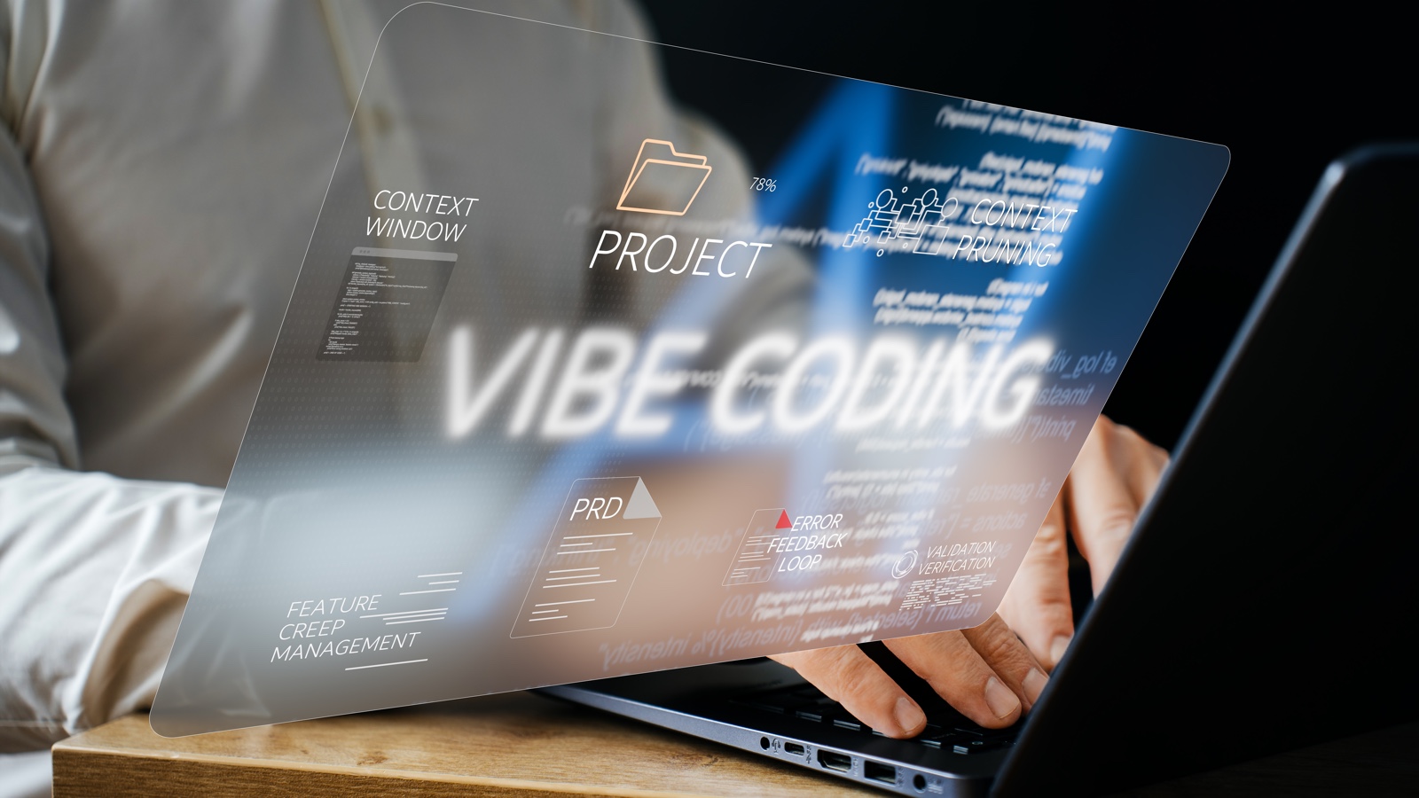 Desarrollador trabajando con pantalla transparente e interfaz de vibe coding empresarial AWS.